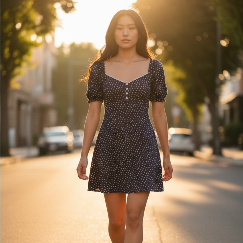 🌸Brandy Melville Navy and White Polka Dot Midi Dress